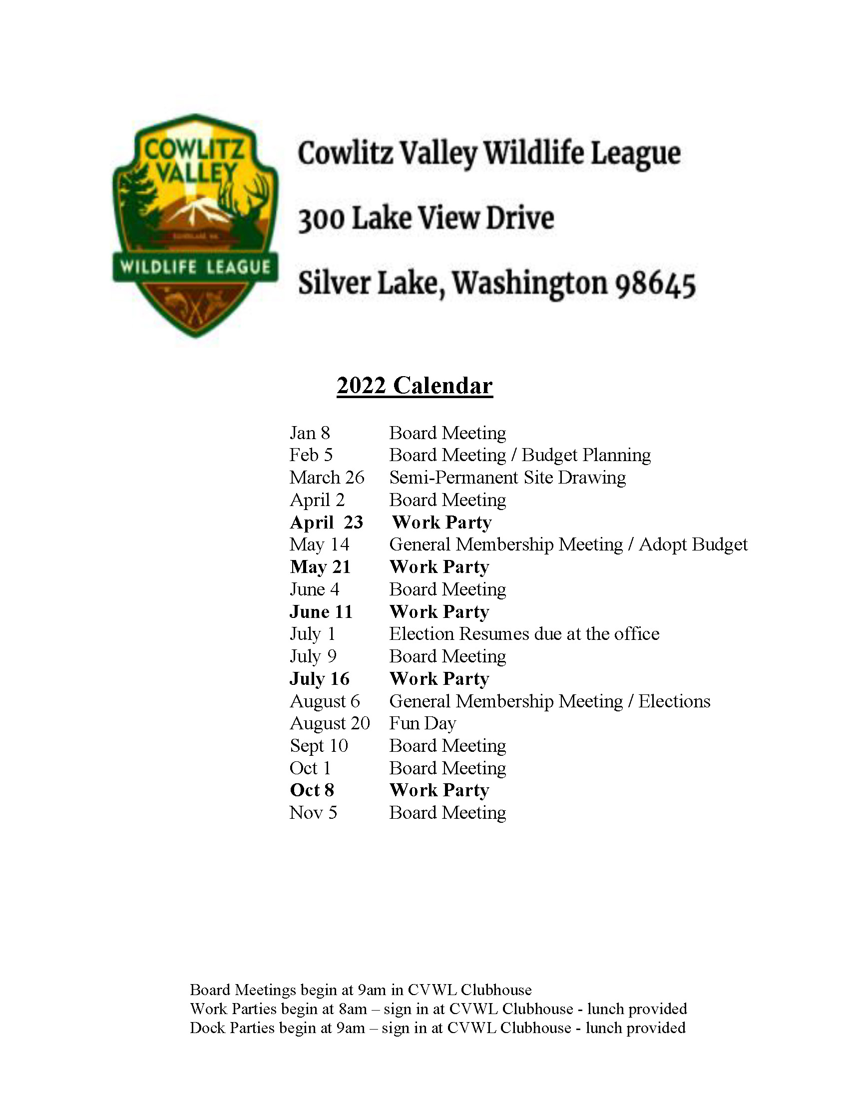 Calendar Cowlitz Valley Wildlife League
